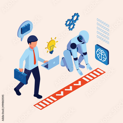 Human Ingenuity Meets Artificial Intelligence Isometric Scene of a Businessman and a Robot Ready to Compete in the Evolving Landscape of Technology and Business Innovation