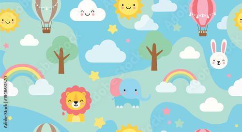 Adorable illustration featuring clouds, suns, animals, and rainbows