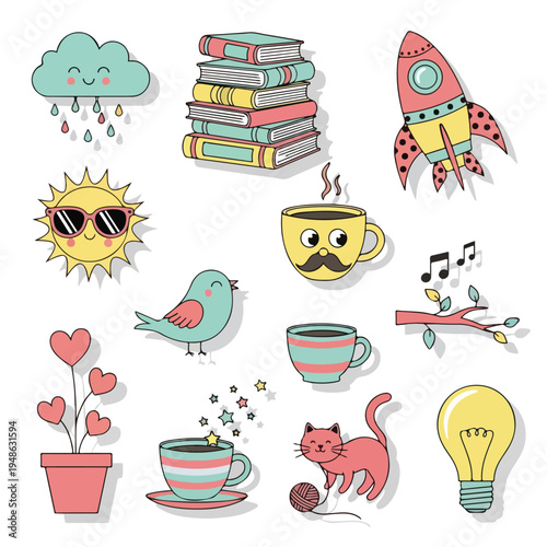 Adorable illustration with colorful objects cloud, sun, books, and rocket
