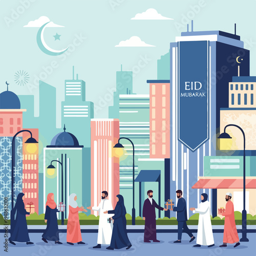 Cityscape illustration depicts people exchanging gifts during a festival