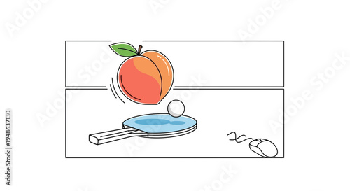 Surreal peach falling onto ping pong paddle with computer mouse nearby