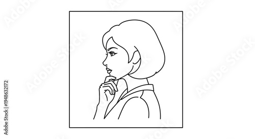 Thoughtful Woman Profile Silhouette, Pensive Expression, Hand on Chin, Contemplation