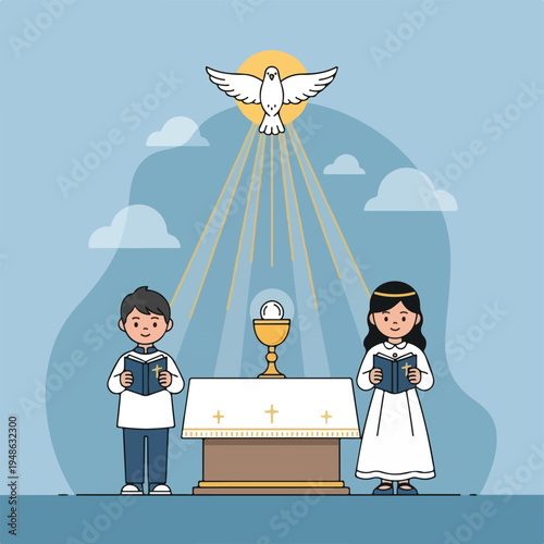 Cartoon illustration of two children, a dove, and religious symbols