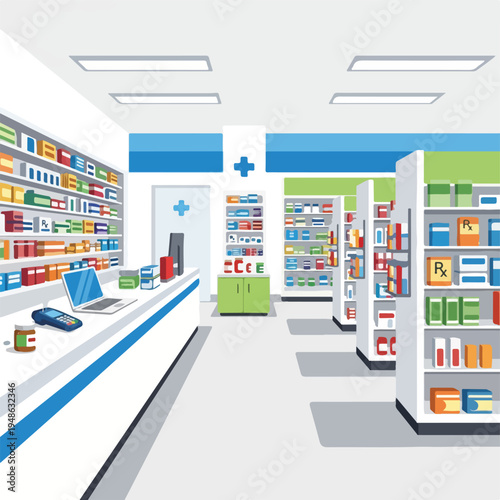 Cartoon illustration of the inside of a pharmacy with medicine displayed