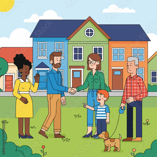 Cartoon illustration featuring neighbors greeting each other in front of houses
