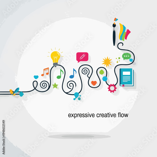 Colorful depiction of creative process with ideas and symbols