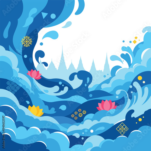 Colorful depiction of ocean waves, with flowers and intricate embellishments