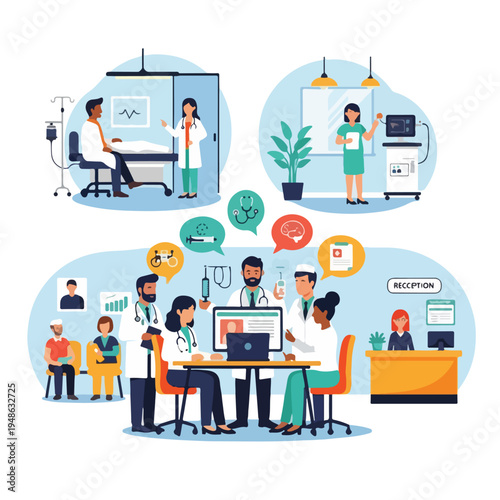 Colorful depiction of various medical professionals in a clinic setting