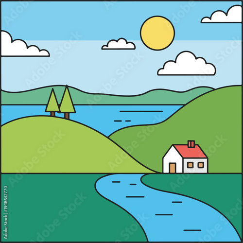 Wallpaper Mural Cartoon landscape, sunny sky, hills, water, clouds, house, and flowing stream Torontodigital.ca