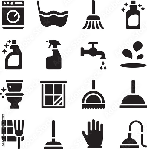 Household Cleaning Icons Set for Home Hygiene and Chores
