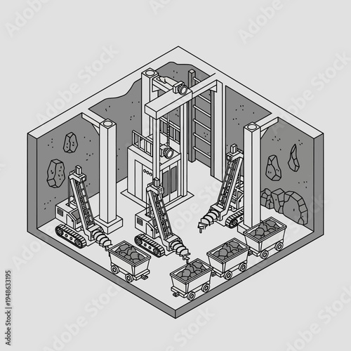 Isometric view of a mining operation with machinery and ore carts.