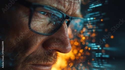 Stressed cybersecurity analyst surrounded by glowing alerts and chaotic digital code in a dark room, with blue and orange light creating an intense atmosphere of pressure and overload