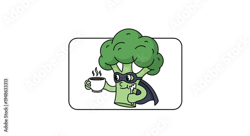 Superhero Broccoli with Coffee Cup, Healthy Lifestyle, Funny Cartoon Character