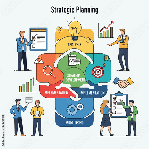 Colorful diagram illustrating business planning with people and icons