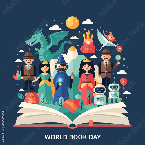 Colorful illustrated scene with diverse characters, creatures and open book