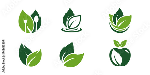 Eco leaf emblem collection in flat green style. Nature inspired vector logos for agriculture, wellness, and sustainability themes.