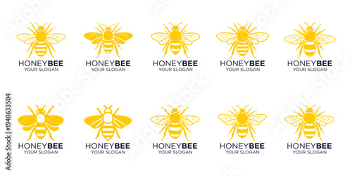 Honey bee logo set in flat vector style, yellow insect icons with wings detail isolated on light background