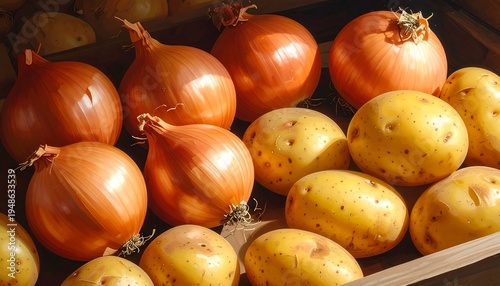 A close-up of onions and potatoes in a wooden crate