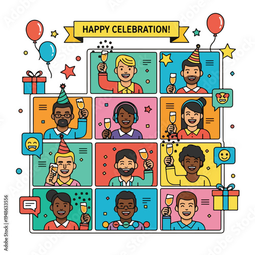 Colorful illustrated grid depicting a virtual celebration with diverse participants