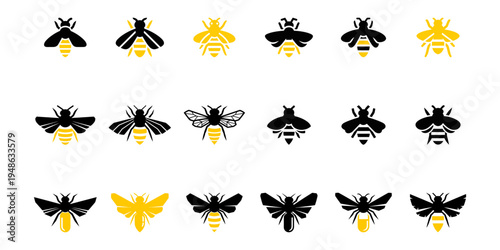Set of black bee silhouettes isolated on light background. Collection of detailed honey bee vector icons with wings spread, perfect for logo and design use.