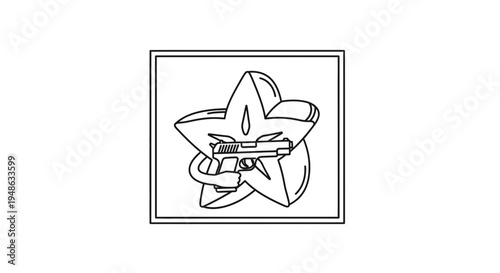 Star Character Holding Gun, Cartoon Style, Outline Illustration