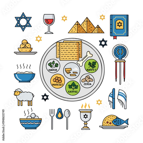 Colorful illustrated set of Jewish Passover symbols and objects