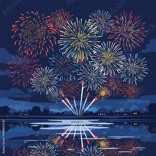 Colorful fireworks exploding over a reflective lake at night