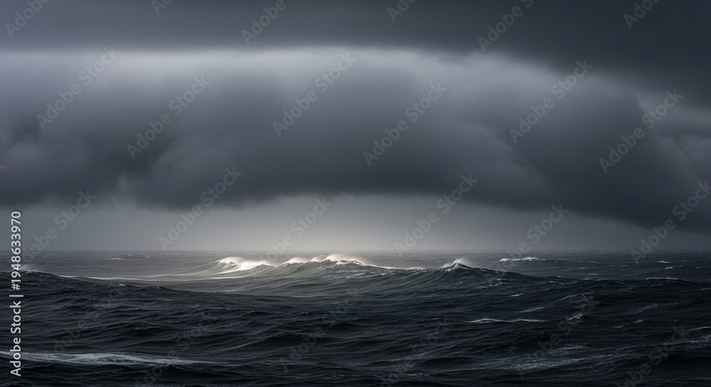 Fototapeta premium Heavily laden storm clouds casting dramatic shadows over a churning, dark ocean with powerful waves.