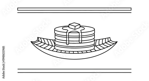 Stack of Pancakes with Butter and Syrup on a Leaf-Shaped Plate, Outline Drawing