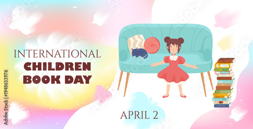 kid reading, preschool education concept web template. International children book day April 2. Stock vector illustration in flat cartoon style.