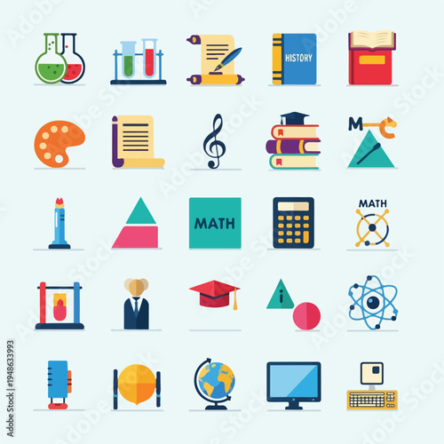 Colorful, flat icons representing different school subjects and objects