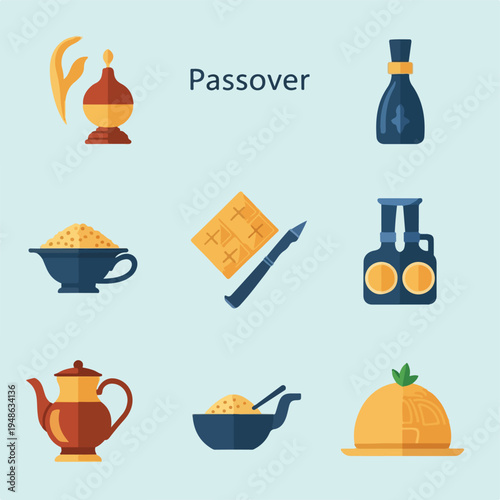 Colorful illustrated set with various symbols on a light-blue background