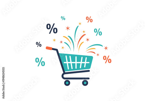 Stylized shopping cart with bursting colorful lines and scattered percentage signs