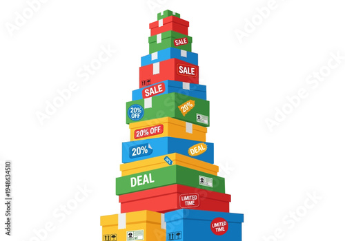 Tall stack of colorful shipping boxes with sale and discount labels