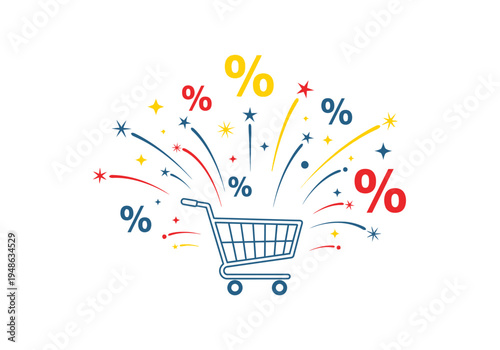 Shopping cart illustration exploding with colorful percentage signs and stars