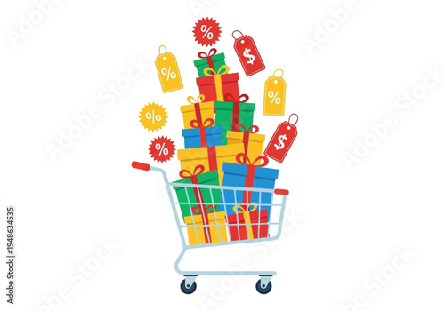 Shopping cart overflowing with colorful gift boxes and sale tags
