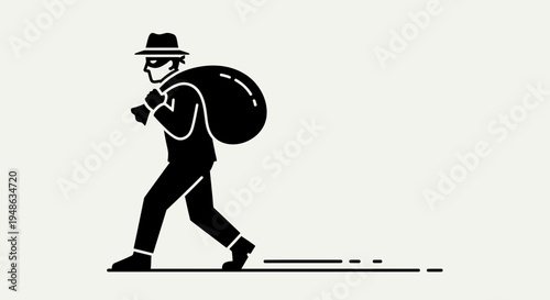 Silhouette of a burglar carrying a sack of loot, running away, crime concept