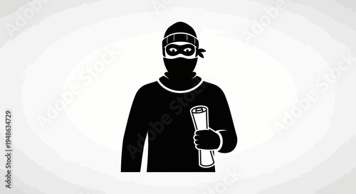 Silhouette of a burglar in a mask holding stolen documents, crime and theft concept