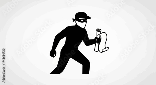 Silhouette of a burglar in a mask holding a scroll, running away, concept of theft and crime