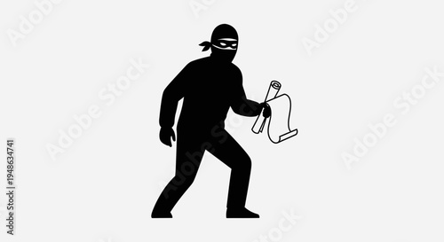 Silhouette of a burglar in a mask stealing a scroll, representing theft and crime.
