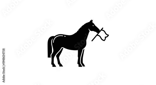 Silhouette of a horse holding a white flag in its mouth, symbolizing surrender or peace.