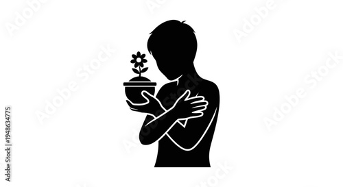 Silhouette of a person holding a potted flower, embracing self-care and growth