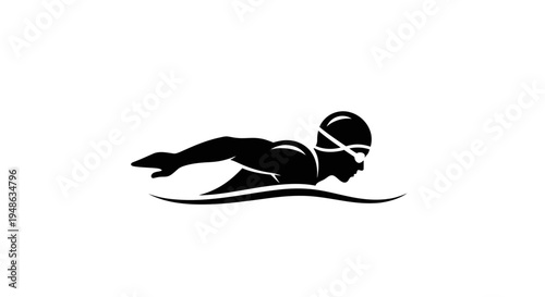Silhouette of a swimmer performing the butterfly stroke in clear blue water, dynamic motion.