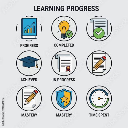 Colorful illustrated visual of learning progress. Progress, completion, and mastery concepts shown