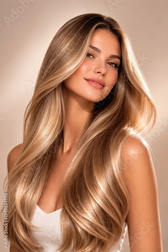 Golden Blonde Hair Beauty Portrait With Long Glossy Waves. Hairstyle Portrait for Hair Salon