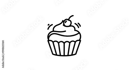 Simple Line Art Icon of a Delicious Cupcake with Cherry on Top