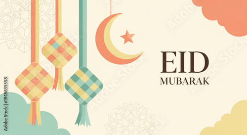 Modern flat illustration for Eid Mubarak featuring colorful ketupat, a large crescent moon, and stylized clouds on an off-white background.