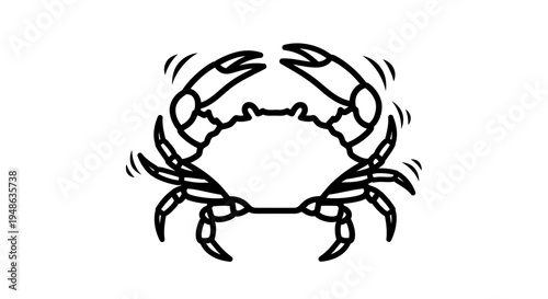 Stylized Black and White Crab Icon with Waving Claws, Isolated on White Background