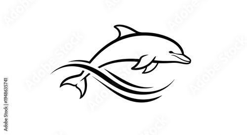 Stylized Dolphin Jumping Over Waves, Black and White Line Art Icon