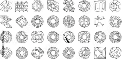 Geometric wireframe vector set featuring abstract three dimensional shapes polygonal mesh structures architectural frameworks and complex mathematical forms, 17 words.